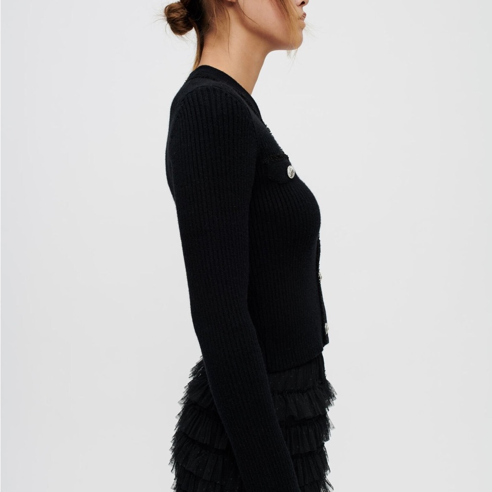 Maje Black Ribbed Cardigan with Silver Buttons - Picture 6 of 15